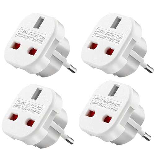 Fiotha Adapter UK Auf EU,4 Stück Reiseadapter UK Auf EU,Adapter UK Zu DE,England Auf Deutschland Stecker, UK Reiseadapter mit Sicherheitsverschluss,für Frankreich,Irland,Niederlande,Polen,Schweden von Fiotha