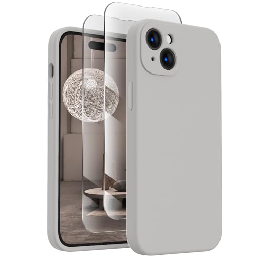 FireNova Designed for iPhone 15 Case, Silicone Upgraded [Camera Protection] Phone Case with [2 Screen Protectors], Soft Anti-Scratch Microfiber Lining Inside, 6.1 inch, Natural Titanium von FireNova