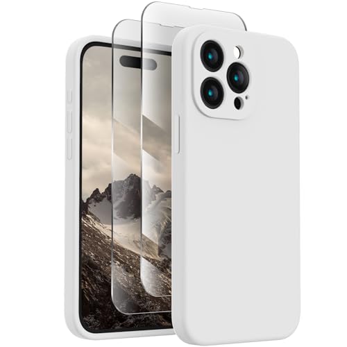FireNova Designed for iPhone 15 Pro Case, Silicone Upgraded [Camera Protection] Phone Case with [2 Screen Protectors], Soft Anti-Scratch Microfiber Lining Inside, 6.1 inch, White von FireNova