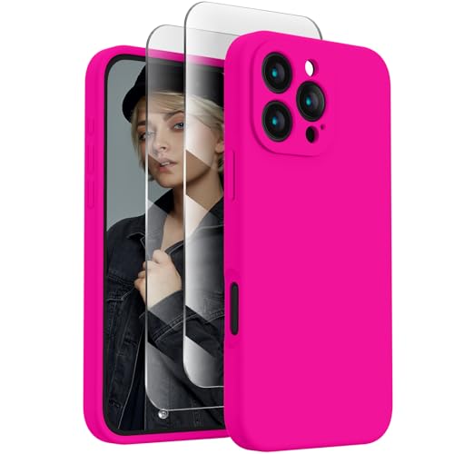 FireNova Designed for iPhone 16 Pro Case, Silicone Upgraded [Camera Protection] Phone Case with [2 Screen Protectors], Soft Anti-Scratch Microfiber Lining Inside, 2024, Hot Pink von FireNova