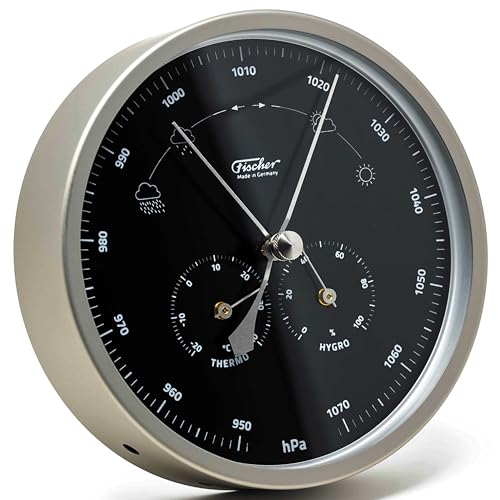 Fischer 1602-01.06 Außen-Wetterstation - 160mm Thermometer, Barometer, Hygrometer - Edelstahl, schwarzes Ziffernblatt, Made in Germany von Fischer