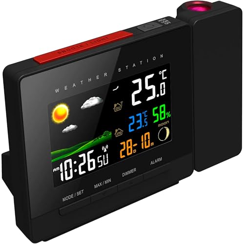 Kabellose Wetterstation mit Außensensor, Farbe und Projektion, Uhrzeit, Temperatur, Feuchtigkeit, Vorhersage, Schwarz von Fishtec