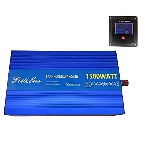 Input DC12V Output AC230V 50Hz Pure Sine Wave Power Inverter with Dual Shuko Sockets Output, DC5V 2Amp USB Port and LCD Wire Remote Kit. (12V 1500W) von Fit4Less