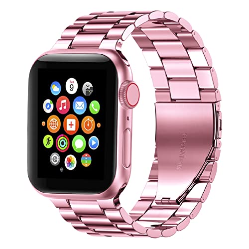 Fitlink Schlankes Edelstahl-Metallband für Apple Watch 38/40/41/42/44/45/49 mm, Apple Watch Band für Apple Watch Serie Ultra Apple Watch Serie 8 7 6 5 4 3 SE (Rosa, 42/44/45/49 mm) von Fitlink