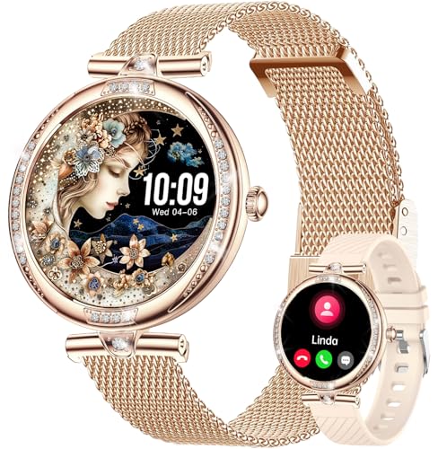 Fitonme Smartwatch Damen Rund mit Telefonfunktion, 1,19 Zoll AMOLED-Display, IP68 Wasserdicht Sportuhr Armbanduhr mit Schlafmonitor Pulsuhr SpO2 Blutdruckmessung Schrittzähler für Android iOS Roségold von Fitonme