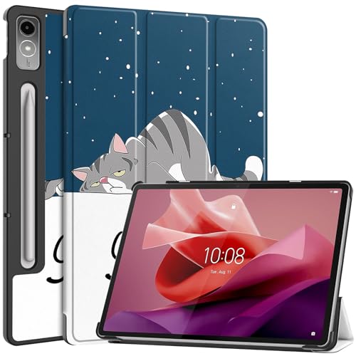 Fitudoos Hülle Kompatibel mit Lenovo Tab P12/P12 Paper 12.7 Zoll 2023- Ultra Dünn mit Standfunktion Slim Smart Schutzhülle,mit Automatischer Schlaf-/Wachmodus–Faule Katze von Fitudoos