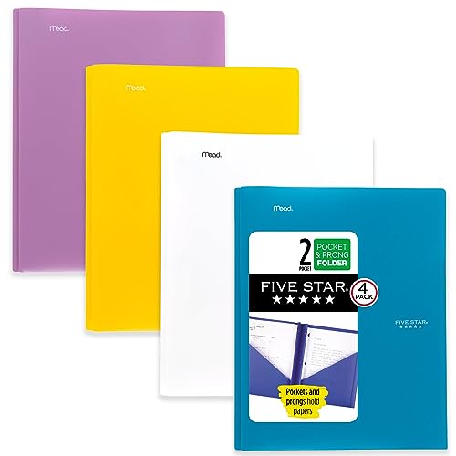 Five Star 2 Taschenmappen, 4 Stück, Kunststoff-Ordner mit Zinkenverschlüssen, für 27,9 x 21,6 cm, Tidewater Blue, Weiß, Amethyst-Lila, Erntegelb (38136) von Five Star