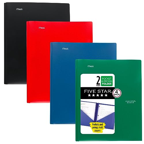 Five Star 2 Taschenordner mit Zinkenverschlüssen, Ordner mit Taschen, passend für 3-Ringbuch, Kunststoff, Schwarz, Feuerrot, Waldgrün und Pazifikblau, 4 Stück (38140) von Five Star