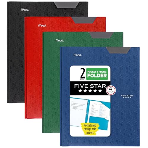 Five Star 38048 Ordner mit 2 Fächern, Kunststoff-Ordner mit Stay-Put-Tabs und Zinkenverschlüssen, für 21,6 x 27,9 cm Papier, Schwarz, Feuerrot, Waldgrün, Pazifikblau von Five Star