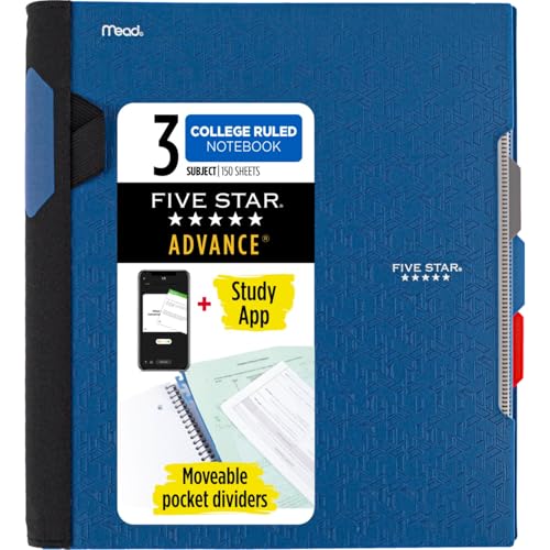 Five Star Advance 73138 Notizbücher, 3 Fächer, liniert, Collegepapier, 27,9 x 21,6 cm, 150 Blatt, mit Spiralschutz und beweglichen Trennwänden, blau von Five Star