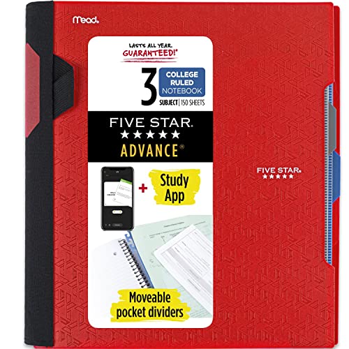 Five Star Advance Spiral-Notizbuch Plus Study App, 3 Themen, College liniertes Papier, 27,9 x 21,6 cm, 150 Blatt, mit Spiralschutz und beweglichen Trennwänden, feuerrot, 1 Stück (73134) von Five Star