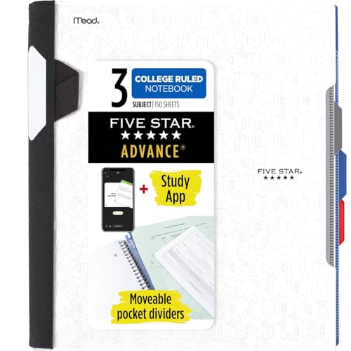 Five Star Advance Spiral-Notizbuch Plus Study App, 3 Themen, College liniertes Papier, 27,9 x 21,6 cm, 150 Blatt, mit Spiralschutz und beweglichen Trennwänden, weiß, 1 Stück (73142) von Five Star