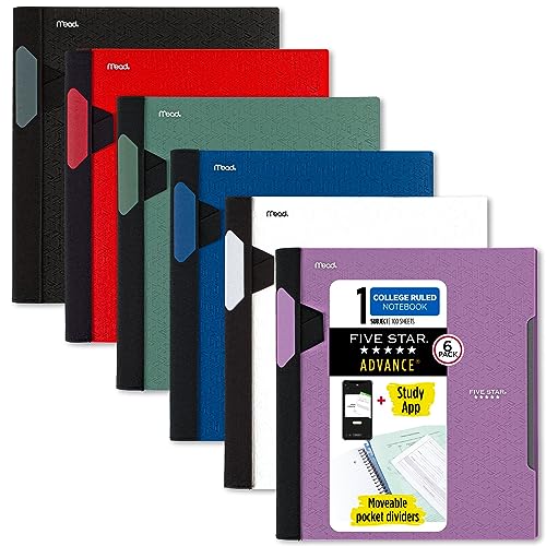 Five Star Advance Spiralnotizbücher + Lern-App, 6 Stück, 1 Thema, College-Papier, liniert, 27,9 x 21,6 cm, 100 Blatt, mit Spiralschutz und beweglichen Trennblättern, schwarz, rot, blau, grün, weiß, von Five Star