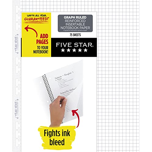 Five Star Einführbares loses Blattpapier, 1 Packung, 3 gelochtes, verstärktes Füllpapier, kariertes liniertes Papier zum Hinzufügen und Umordnen von Seiten im Spiral-Notizbuch, 29,8 x 20,3 cm, 75 Blatt/Packung (17018) von Five Star