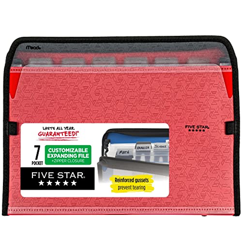 Five Star Expanding File, 7-Pocket Expandable Filing Folder, Zipper Closure, Customizable, Tabbed, Tabs, Red (72705) von Five Star