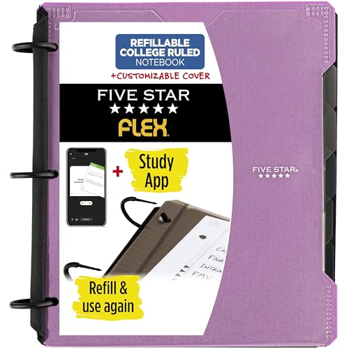 Five Star Flex 293260AB6 Nachfüllbares Notizbuch + Lern-App, College-Papier und 2,5 cm TechLock-Ringbuch mit anpassbarem Einband, Taschen, Tabs und Trennblättern, Kapazität 200 Blatt, Amethystviolett von Five Star
