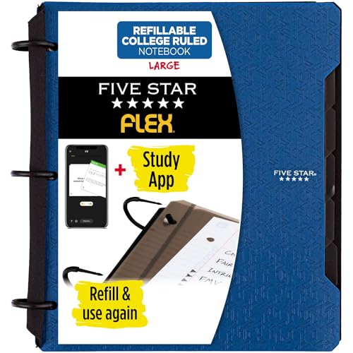 Five Star Flex Nachfüllbares Notizbuch + Lern-App, College-Papier, 2,5 cm TechLock-Ringe, Taschen, Tabs und Trennblätter, Kapazität 200 Blatt, Pacific Blue (29328AD2) von Five Star