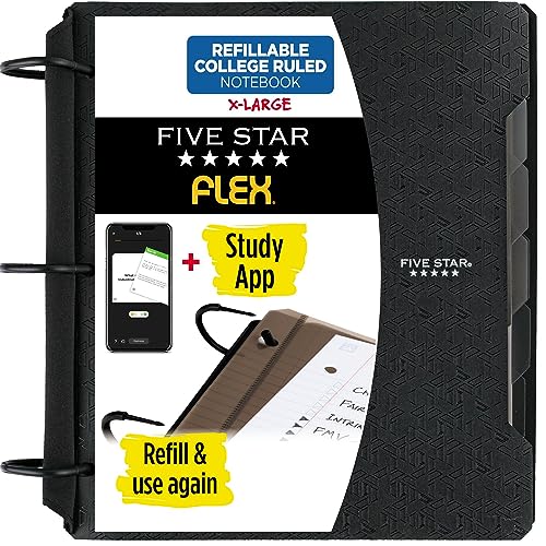 Five Star Flex Nachfüllbares Notizbuch + Study App, College liniertes Papier, 1-1/2 Zoll TechLock Ringe, Taschen, Tabs und Trennwände, 300 Blatt Kapazität, Schwarz (29324AA2) von Five Star