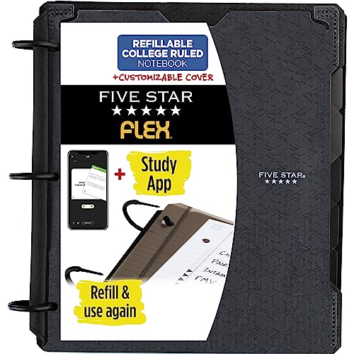 Five Star Flex nachfüllbares Notizbuch + Study App, College liniertes Papier, 2,5 cm TechLock Ringe, Taschen, Tabs und Trennwände, 200 Blatt Kapazität, anpassbarer Einband, Schwarz (29326AA2) von Five Star