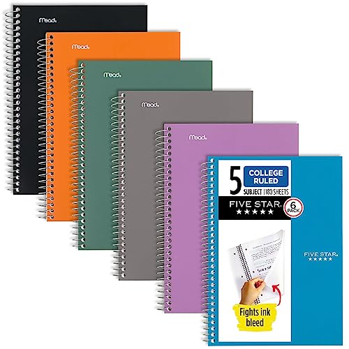 Five Star Kleine Spiralnotizbücher, 6 Stück, 5 Fächer, College-Papier, liniert, 180 Blatt, klein, 24,9 x 15,2 cm, Amethyst-Lila, Sedona-Orange, Seaglassgrün, Tidewater Blue, Grau, Schwarz (73527) von Five Star