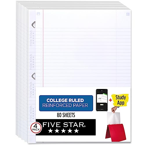 Five Star Loseblatt-Papier + Lern-App, 4 Stück, Notizbuchpapier, College-liniertes Füllpapier, verstärkt, 8,5 x 11, 80 Blatt pro Packung (170024-ECM), weiß von Five Star