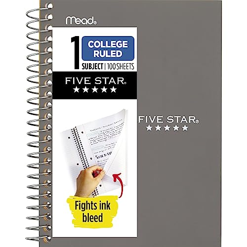 Five Star Persönliches Spiral-Notizbuch, 1 Stück, liniertes College-Papier, 17,8 x 11,4 cm, kleine Größe, 100 Blatt, grau (450022AA3) von Five Star