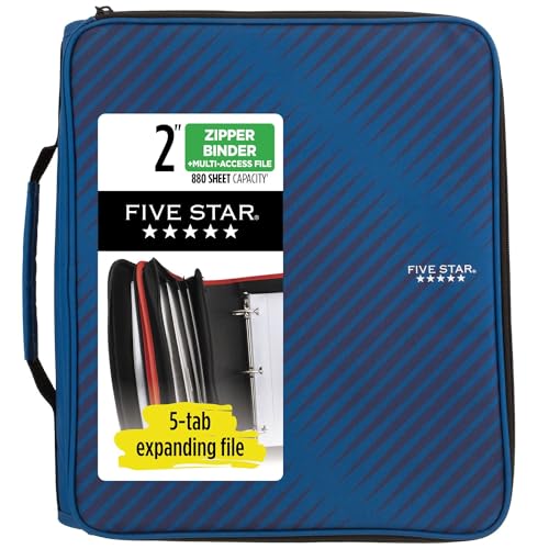 Five Star Reißverschluss-Binder, 5,1 cm 3-Ringbuch für Schule, 6 Fächer, 380 Blatt Kapazität, Blau (72534) von Five Star