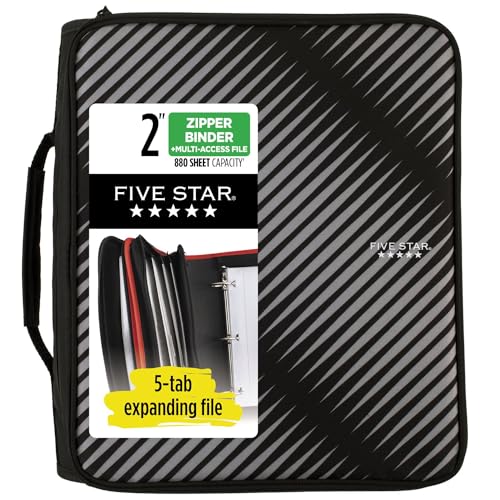 Five Star Reißverschluss-Binder, 5,1 cm 3-Ringbuch für Schule, 6 Fächer, 380 Blatt Kapazität, Schwarz (72536) von Five Star