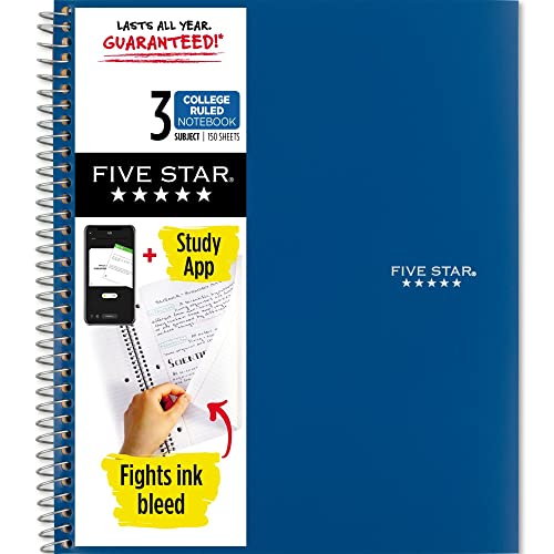 Five Star Spiral Notebook, 3 Subject, College Ruled Paper, 150 Sheets, 11" x 8-1/2, Blue (73623) von Five Star