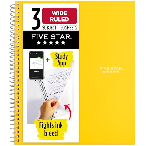 Five Star Spiral Notebook, 3 Subject, Wide Ruled Paper, 150 Sheets, 10-1/2" x 8" Sheet Size, Yellow (73463) von Five Star