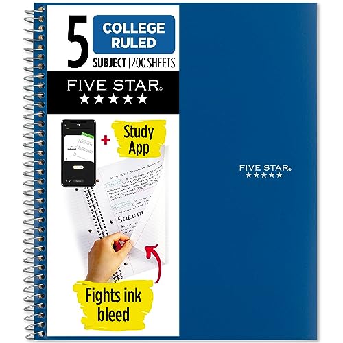 Five Star Spiral Notebook + Study App, 5 Themen, College liniertes Papier, 200 Blatt, 27,9 x 21,6 cm, Pazifikblau, 1 Stück (73635) von Five Star
