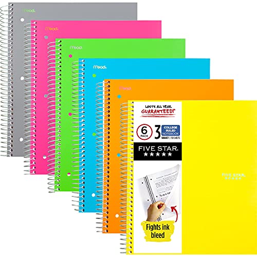 Five Star Spiral Notebooks, 3 Subject, College Ruled Paper, 150 Sheets, 11" x 8-1/2", Assorted Colors, 6 Pack (73479) von Five Star