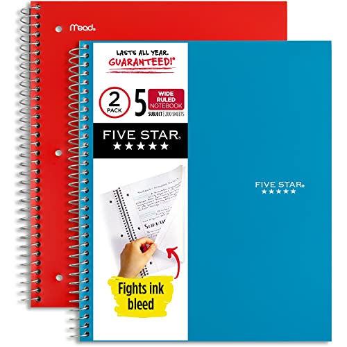 Five Star Spiral-Notizbuch, 2 Stück, 5 Stück, breites, liniertes Papier, 26,7 x 20,3 cm, 200 Blatt, Tidewater Blue & Fire Red (930082) von Five Star
