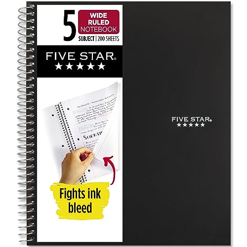 Five Star Spiral-Notizbuch, 5-teilig, breites, liniertes Papier, 200 Blatt, 26,7 x 20,3 cm, Schwarz (72045) von Five Star