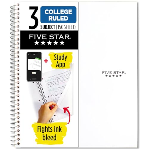 Five Star Spiral-Notizbuch + Studie App, 3 Themen, College liniertes Papier, 27,9 x 21,6 cm, 150 Blatt, weiß, 1 Stück (72464) von Five Star