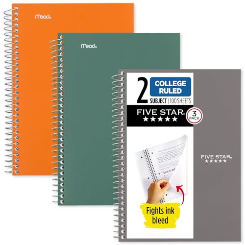 Five Star Spiral-Notizbücher, 2 Fächer, liniertes College-Papier, 100 Blatt, 15,2 x 24,9 cm, Seeglasgrün, Sedona-Orange und Grau, 3 Stück (38618) von Five Star