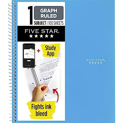 Five Star Spiralnotizbuch + Lern-App, 1 Thema, kariertes Papier, bekämpft Tintenverlauf, wasserabweisender Einband, 21,6 x 27,9 cm, 100 Blatt, Tidewater Blue (06190AA4) von Five Star