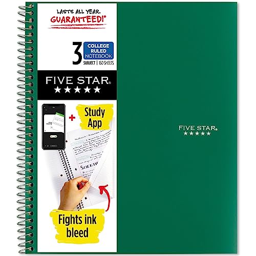 Five Star Spiralnotizbuch + Lern-App, 3 Fächer, College-Papier, bekämpft Tintenverlauf, wasserabweisender Einband, 21,6 x 27,9 cm, 150 Blatt, Grün (72067) von Five Star