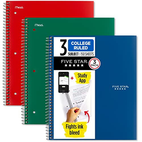 Five Star Spiralnotizbuch + Lern-App, 3er-Pack, 3 Fächer, College-Papier, bekämpft Tintenverlauf, wasserabweisender Einband, 21,6 x 27,9 cm, 150 Blatt, Grün, Rot, Blau (820193) von Five Star