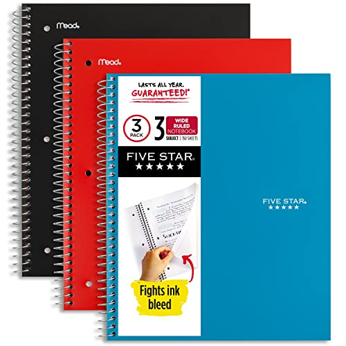 Five Star Spiralnotizbücher, 3 Fächer, breit liniertes Papier, 26,7 x 20,3 cm, Blau, Rot und Schwarz (930081) von Five Star