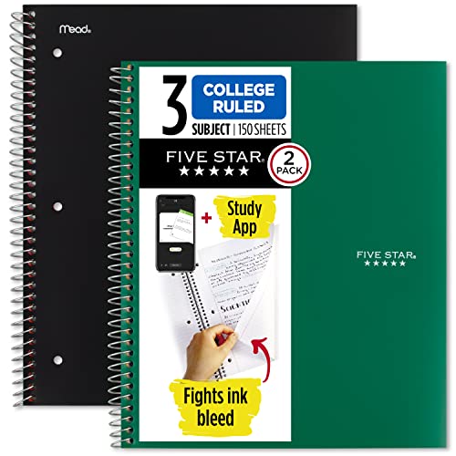 Five Star Spiralnotizbücher + Lern-App, 2 Stück, 3 Fächer, College-Papier, 21,6 x 27,9 cm, 150 Blatt, bekämpft Tintenverlauf, wasserabweisender Einband, schwarz, grün (820191) von Five Star