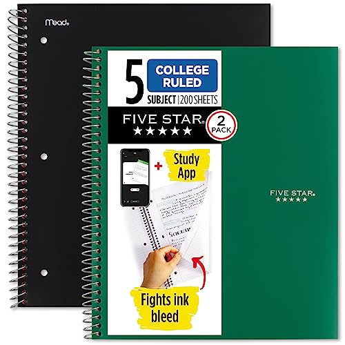 Five Star Spiralnotizbücher + Lern-App, 2 Stück, 5 Fächer, College-Papier, 21,6 x 27,9 cm, 200 Blatt, bekämpft Tintenverlauf, wasserabweisender Einband, schwarz, grün (820190) von Five Star
