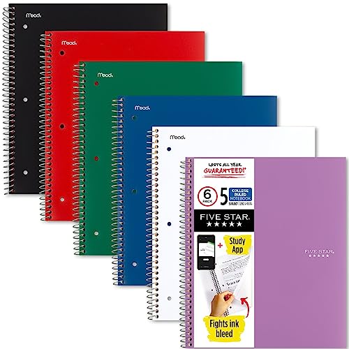 Five Star Spiralnotizbücher + Lern-App, 6 Stück, 5 Fächer, College-Papier, bekämpft Tintenverlauf, wasserabweisender Einband, 21,6 x 27,9 cm, 200 Blatt, Schwarz, Rot, Grün, Blau, Weiß, Lila (73793) von Five Star