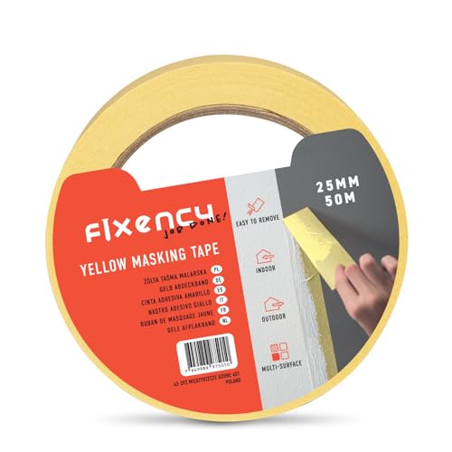 Fixency 1x Malerkrepp (25 mm x 50 m) I Kreppband Gelb für Malerarbeiten und Renovierungen I Abklebeband zum Streichen, Lackieren, Renovieren von Fixency