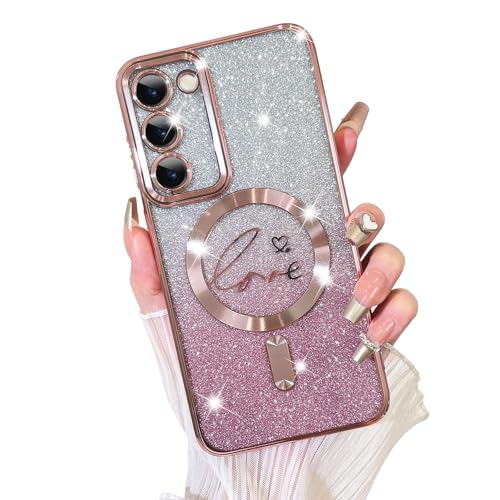 Fiyart Entworfen für Samsung Galaxy S23 Plus, kompatibel mit MagSafe Love Heart Plating Kameraschutz, transparente Handyhülle, magnetischer Glitzer für Frauen und Mädchen, stoßfeste Abdeckung S23+, von Fiyart