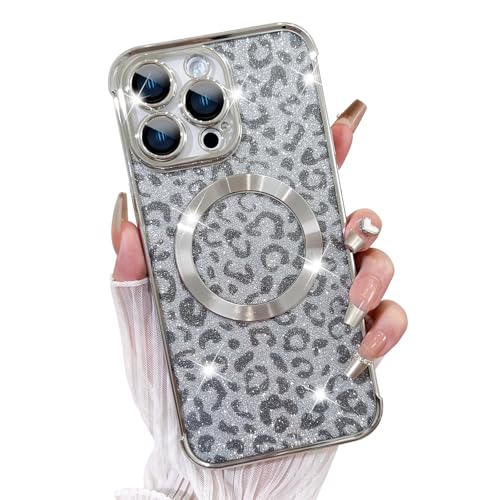 Fiyart Entworfen für iPhone 13 Pro Max Hülle, kompatibel mit MagSafe Gepardenmuster Beschichtung Kameraschutz transparente Handyhülle, magnetischer Glitzer Leopardenmuster für Frauen Mädchen von Fiyart