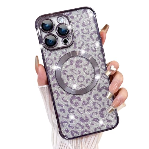 Fiyart Entworfen für iPhone 15 Pro Hülle, kompatibel mit MagSafe Gepardenmuster Beschichtung Kameraschutz transparente Handyhülle, magnetischer Glitzer-Leopardenmuster für Frauen und Mädchen, von Fiyart