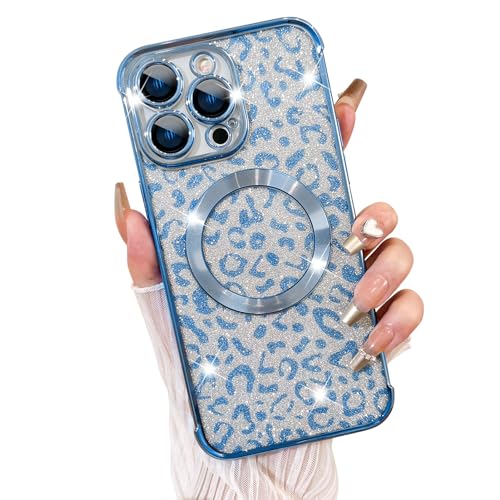 Fiyart Entworfen für iPhone 15 Pro Max Hülle, kompatibel mit MagSafe Gepardenmuster Beschichtung Kameraschutz transparente Handyhülle, magnetischer Glitzer Leopardenmuster für Frauen Mädchen von Fiyart