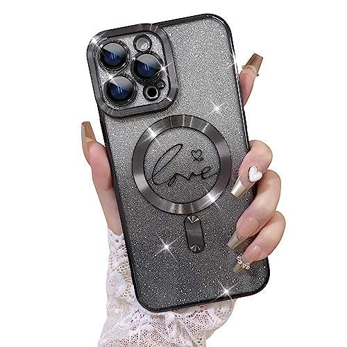 Fiyart Kompatibel mit iPhone 12 Pro Max Hülle, kompatibel mit MagSafe Love Heart Plating Kameraschutz, transparente Handyhülle, magnetischer Glitzer für Frauen und Mädchen, stoßfeste Rückseite, 17 cm, von Fiyart