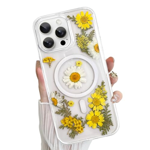 Fiyart Magnetische Schutzhülle für iPhone 16 Pro, kompatibel mit MagSafe, niedliches modisches Glitzer-Blumendesign, weiches TPU, schlank, stoßfest, transparent, für Damen und Mädchen, Gänseblümchen von Fiyart